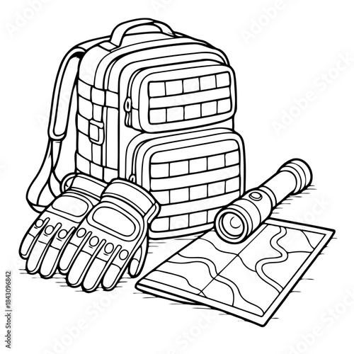 Outdoor Adventure Gear: A detailed illustration of essential equipment for outdoor exploration, including a durable backpack, sturdy gloves, a high-powered flashlight, and a detailed map.