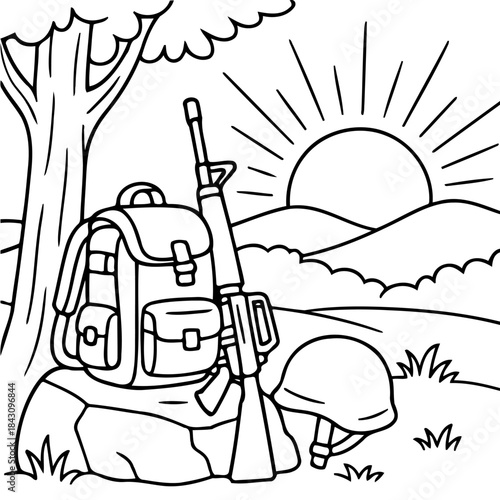 A Solider's Reverie: This image captures a soldier's equipment resting in a serene outdoor setting, representing peace and reflection.