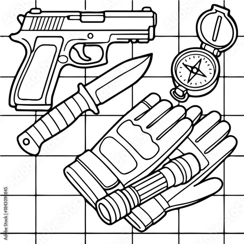 Tactical Gear: A curated arrangement of essential tactical gear and equipment, highlighting readiness, survival, and exploration.