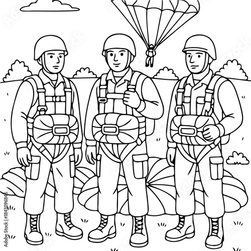 Skyborne Warriors: Illustrative representation of three military paratroopers stand prepared, with a fellow comrade descending via parachute, symbolizing bravery, training, and airborne operations.