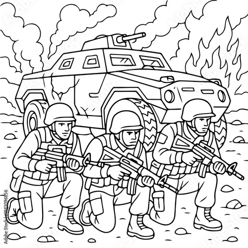 Soldiers in Battle: A group of resolute soldiers brace themselves for battle, their focus unwavering as they navigate a war-torn landscape, with an armored vehicle providing cover.