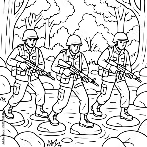 Soldiers Marching Through Wilderness: Three soldiers march confidently through a wilderness setting, their rifles held steady as they navigate the rocky terrain.