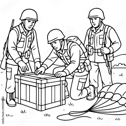 Soldiers with Crate: In a scene of military preparedness, three soldiers gather around a crate, their attention focused on its contents, showcasing teamwork, determination, and focus.