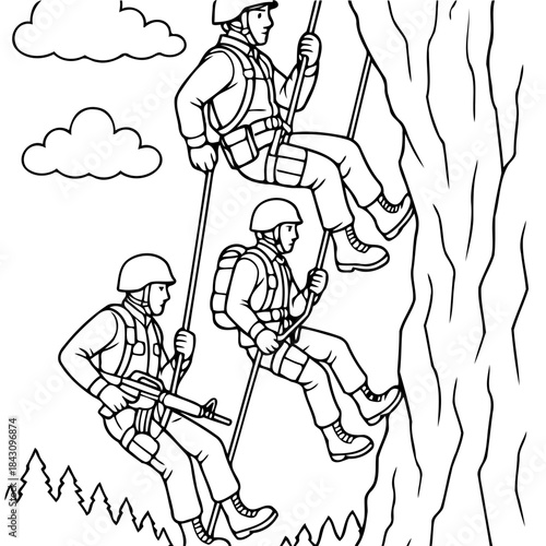 Mountain Climbers in Training: A graphic depiction shows a team of climbers scaling a steep mountain face using ropes.