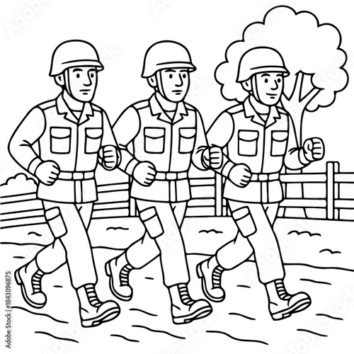 Soldier's Drill: A group of resolute soldiers march, exemplifying teamwork and discipline amidst nature's canvas.