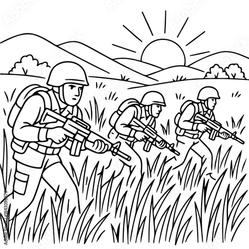Onward to Duty: A depiction of soldiers navigating a battlefield, marching forward with determined resolve, beneath the watchful gaze of the rising sun.