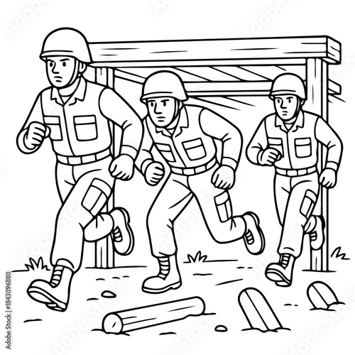 Military Training: Drawn in ink soldiers running obstacles, symbolizing determination and the essence of physical training.