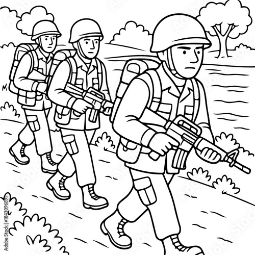 Marching Soldiers in formation: A disciplined line of soldiers advances, each carrying a rifle and wearing a helmet, moving across a terrain ready to safeguard and ensure peace.