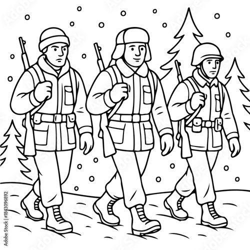 Winter March: Soldiers traverse snowy landscape with determination, their forms captured in simple black and white lines.