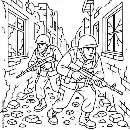 Soldier's March through Ruins: Two soldiers advance cautiously through a war-torn urban landscape, their faces etched with determination amidst the rubble.