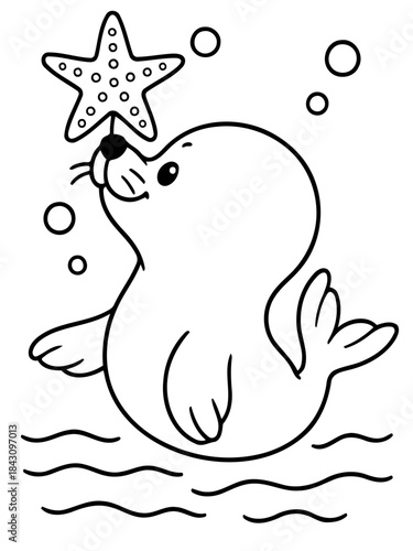 A Playful Seal with a Starfish: A cute seal with an innocent gaze, holding a starfish, surrounded by bubbles, and water lines creating a whimsical marine scene. 