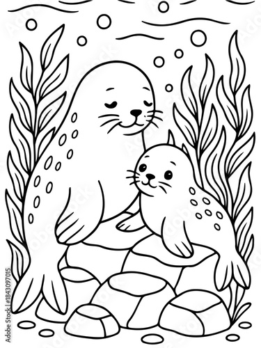 Mother Seal and Pup: Tender moment in the sea. A heartwarming depiction of a mother seal and her pup enjoying each other's company in an underwater haven. It shows affection.