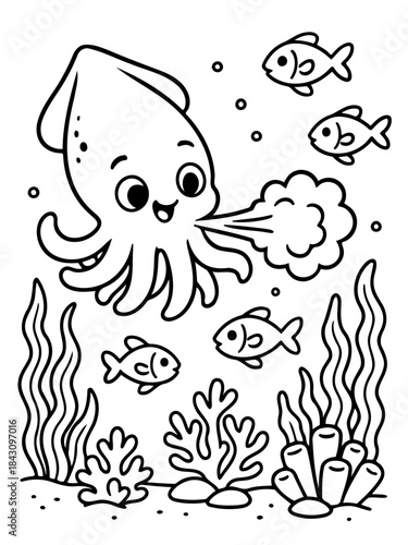 Oceanic Charm: A whimsical illustration of a smiling squid accompanied by a school of charming fish, inhabiting a vibrant underwater world filled with aquatic flora.