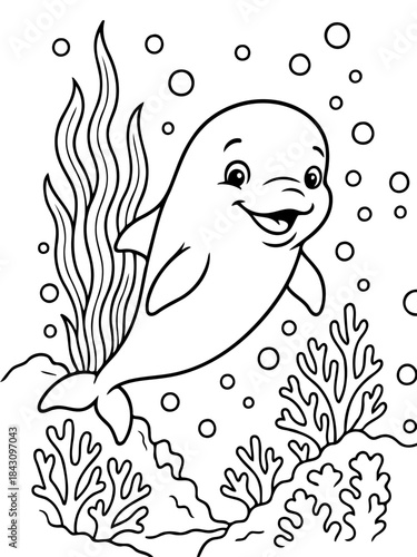 Smiling Dolphin in Undersea: A charming outline sketch of a friendly dolphin playfully swims amidst vibrant seaweed and effervescent bubbles, bringing joy.