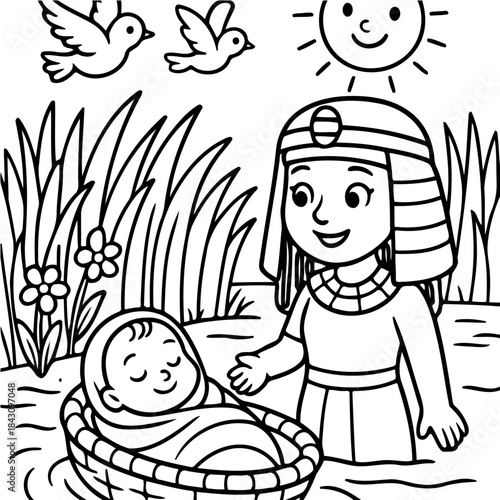 Egyptian Princess and Newborn in River: A compassionate egyptian princess discovers a newborn, nestled in a basket amidst the waters. The illustration embodies themes of divine providence, care.