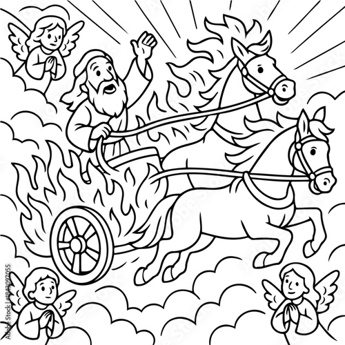 Elijah's Fiery Ascent: A divine scene unfolds as Elijah ascends in a chariot of fire, pulled by spirited horses, amidst celestial figures and an aura of light.