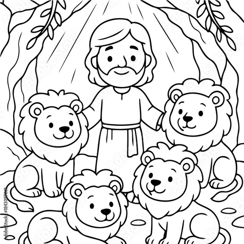 Daniel and The Lions: A depiction of a biblical scene where Daniel stands peacefully amidst several lions, representing a moment of divine protection and faith.