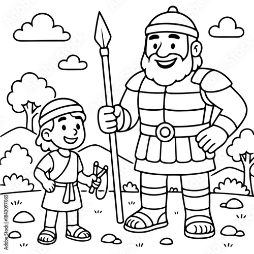 David and Goliath Illustration: A black-and-white illustration captures the iconic biblical scene of David facing Goliath, with David holding his slingshot and Goliath towering above.