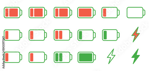 Battery Charge Level Icons Set, a clean and professional vector pack showing battery levels from low to full, charging indicators, and headphone battery symbols in green