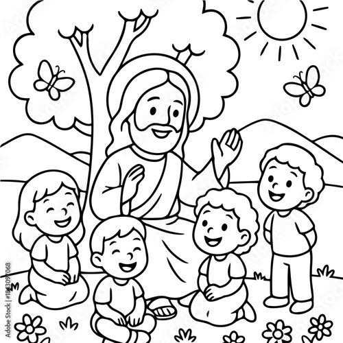 The Mentor's Lesson: A depiction of a mentor figure sharing knowledge with a circle of attentive children, under the nurturing shade of a flourishing tree, surrounded by the joys of nature