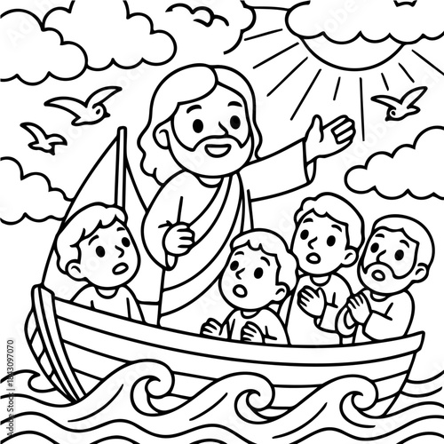 Guiding the Journey: A line drawing depicts a central figure in a boat, gesturing towards a bright sun, with other figures listening intently and birds flying in the sky.
