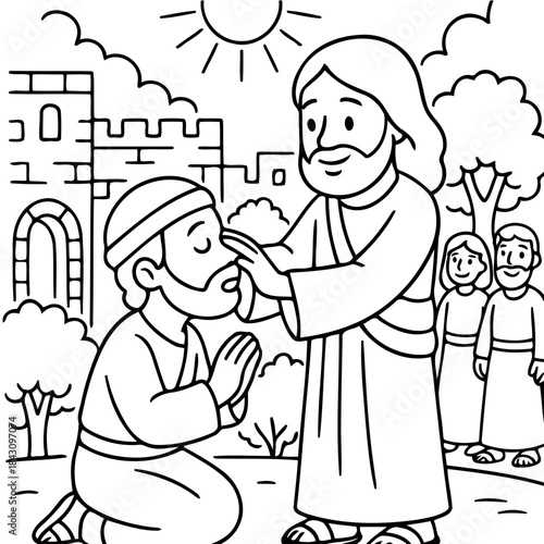 Compassionate Touch: A spiritual leader lays a comforting hand on the head of an individual seeking solace, symbolizing faith, healing, and the power of empathy. 
