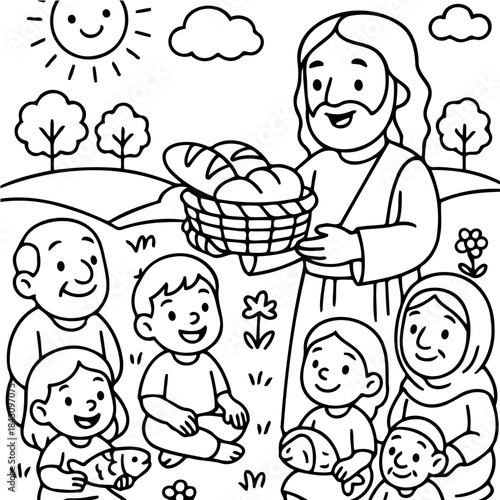 Miracle of the Loaves and Fishes: A depiction of a biblical scene where a central figure offers bread and fish to a crowd, symbolizing generosity, abundance, and faith. 