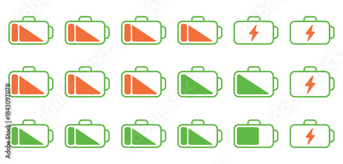Battery Charge Level Icons Set, a modern vector collection featuring low, medium, full, charging, and headphone battery symbols in green and red for interface and device status design.