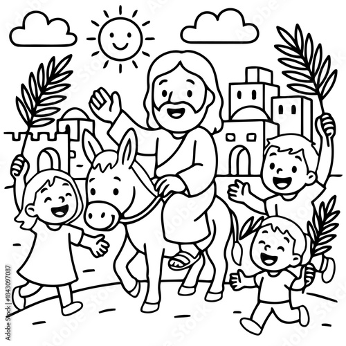 Journey of Faith: A depiction of a revered figure riding a donkey through a welcoming town, celebrated by children waving palm branches and joyful skies.