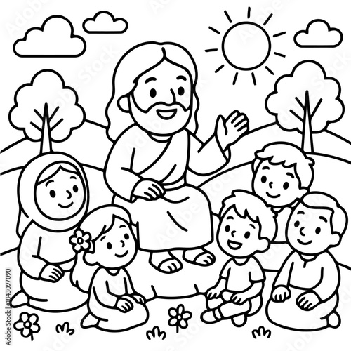 Sacred Discourse: A depiction of a spiritual figure imparting wisdom to a group of attentive children, under a radiant sun and amidst a serene landscape.