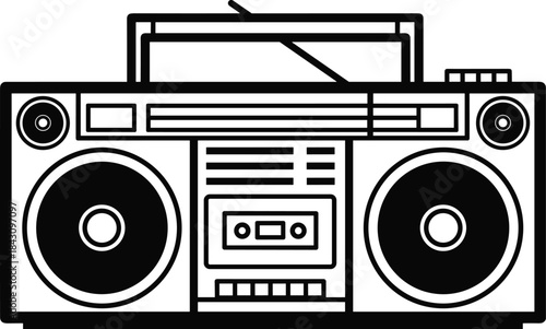 Retro Boombox Portable Stereo Cassette Player Vector Icon, Vintage 80s Hip Hop Culture and Music Technology, Ghetto Blaster Audio Device Outline Graphic Element, Black and White EPS.