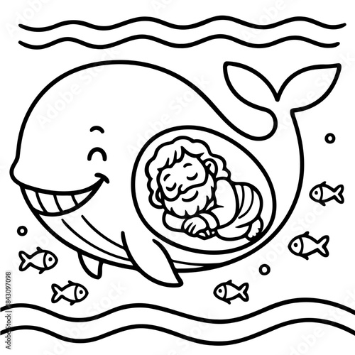 Jonah in the Whale's Embrace: A whimsical illustration depicts a smiling whale, cradling Jonah within its belly, surrounded by playful fish in the deep ocean.