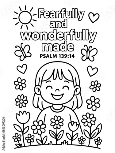 Fearfully and Wonderfully Made Illustration: A delightful illustration showcases a smiling young girl surrounded by flowers, butterflies, hearts.