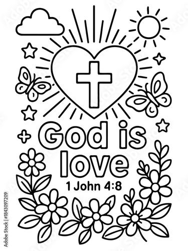 Love and Faith: A depiction of faith and love with a cross inside a heart, surrounded by floral elements, butterflies and stars, inspiring and serene.