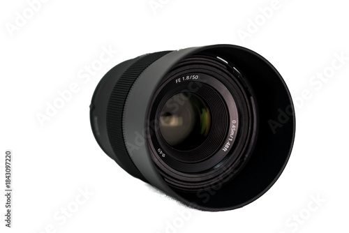 50mm f1.8 camera lens isolated on white background with professional photography concept