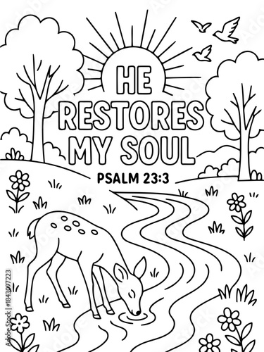 Restoration: Illustrated scene inspired by Psalm 23:3, showing a deer drinking from a stream and the sun rising, inviting contemplation and calm.