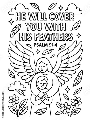 Spiritual Embrace: A comforting illustration depicts a figure of an angel enveloping another, with a verse He will cover you with his feathers Psalm 91:4, embodying faith and security.
