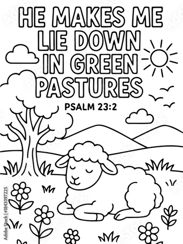 Divine Repose: A serene scene of a sheep resting in a verdant pasture, accompanied by a scripture verse, evoking a sense of spiritual peace and tranquility.