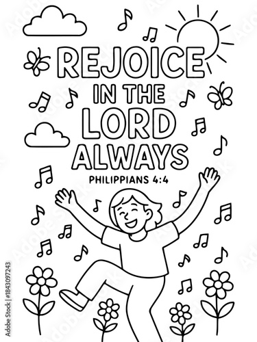 Joyful Praise: Illustration of a dancing figure surrounded by musical notes and the uplifting phrase Rejoice in the Lord Always, a reminder of faith, joy, and the celebration of life.