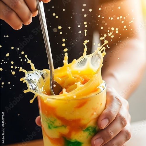 Invigorating tropical fruit smoothie blend with splash and vibrant colors