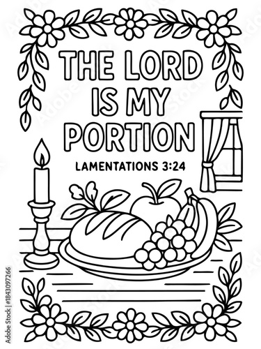The Lord is My Portion: A beautifully illustrated spiritual artwork, featuring the biblical verse from Lamentations 3:24, with imagery of food, candlelight, and floral elements.