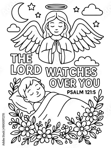 Guardian Angel's Gentle Vigil: A comforting illustration depicts a serene angel watching over a sleeping child, symbolizing protection and divine care.
