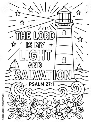 Beacon of Hope: Inspirational depiction of a lighthouse, a vessel sailing on the sea and scripture, a visual guide towards hope and salvation.
