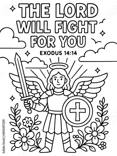 Biblical Inspiration: A line art depicting a courageous angel, armed with a sword and shield, symbolizing divine protection and guidance, underscored by the timeless message of faith and resilience. 