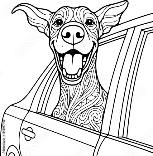 Joyful Canine Adventure: A whimsical illustration depicts a dog's spirited anticipation for a car ride, framed by the open car window, capturing its glee.