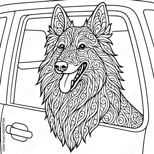 Dog in car: An intricate, artistic rendering showcases a detailed dog leaning out of a car window, its playful expression capturing a sense of freedom and anticipation.