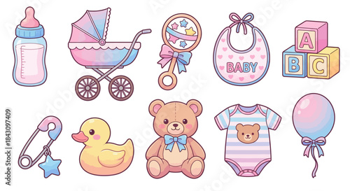 Kawaii Baby Shower Icons Set - Pink and Blue Objects