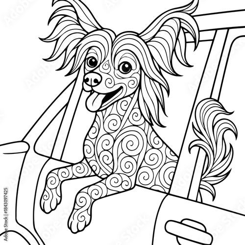 Dog's joyride : a captivating illustration of a spirited dog, its coat adorned with intricate patterns, eagerly peering out of a car window, exuding pure joy and a sense of adventure