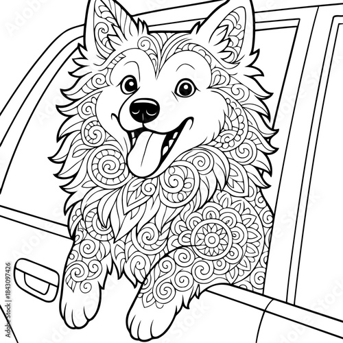 Happy Dog in Car: A joyful dog with intricate patterns peeks out the window of a car, a cheerful passenger ready for a ride.