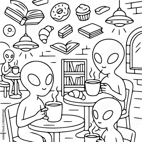 Alien Cafe: A whimsical monochrome illustration captures a group of friendly aliens enjoying coffee at a cozy cafe. A blend of extraterrestrial charm and everyday life, showing a moment of peace